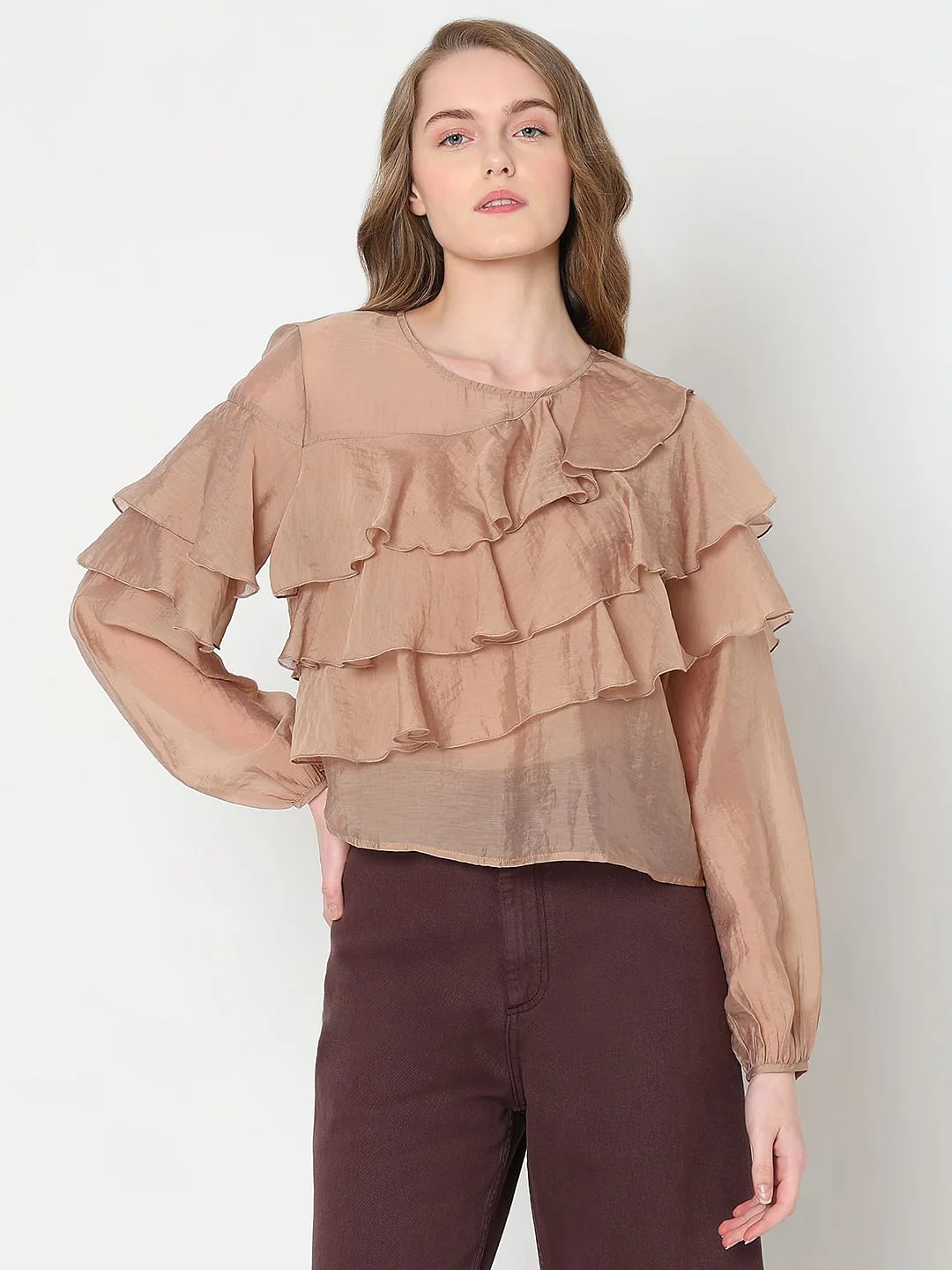 Brown Ruffle Semi Sheer Top - Image 2