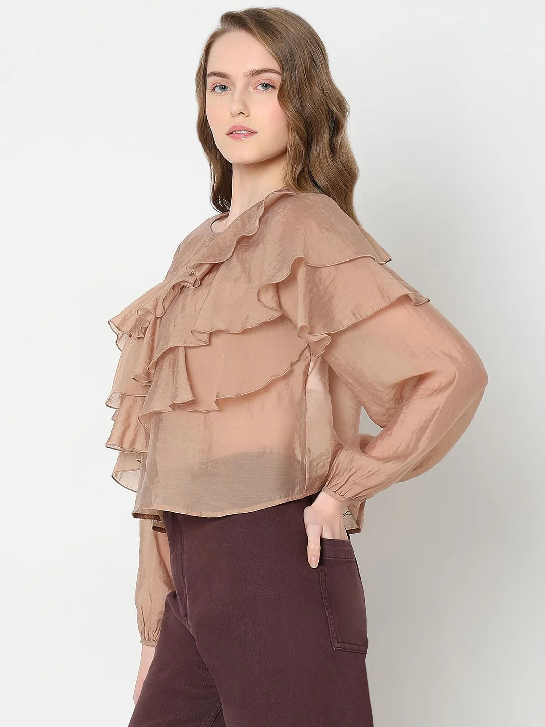 Brown Ruffle Semi Sheer Top - Image 3