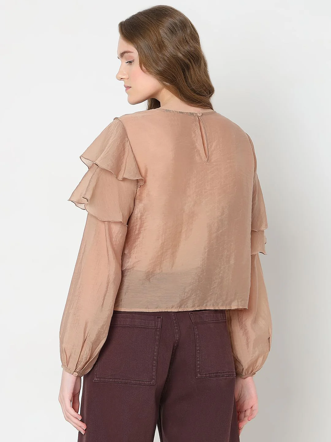 Brown Ruffle Semi Sheer Top - Image 4