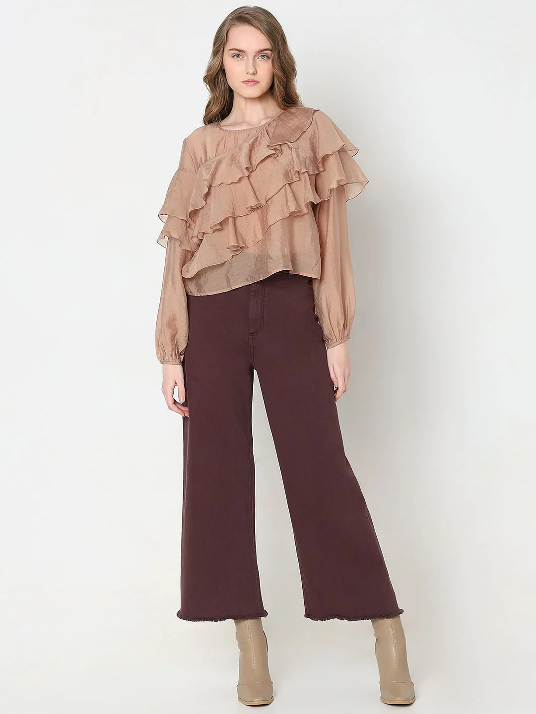 Brown Ruffle Semi Sheer Top - Image 5
