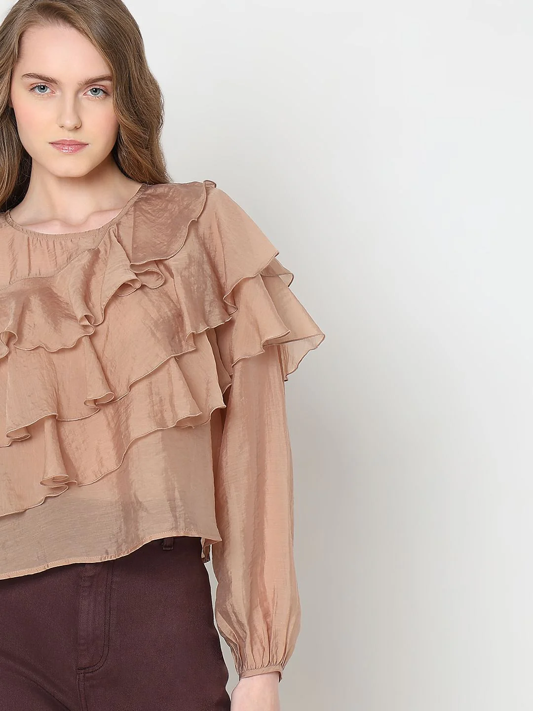 Brown Ruffle Semi Sheer Top - Image 6