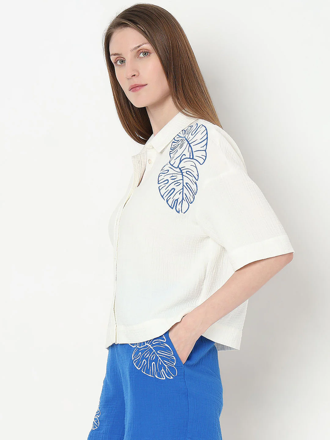 White Embroidered Co-Ord Set Shirt - Image 3