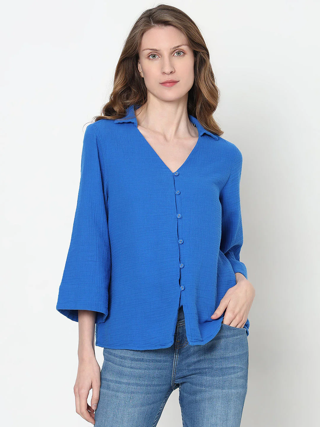 Blue Textured Cotton Shirt - Image 2