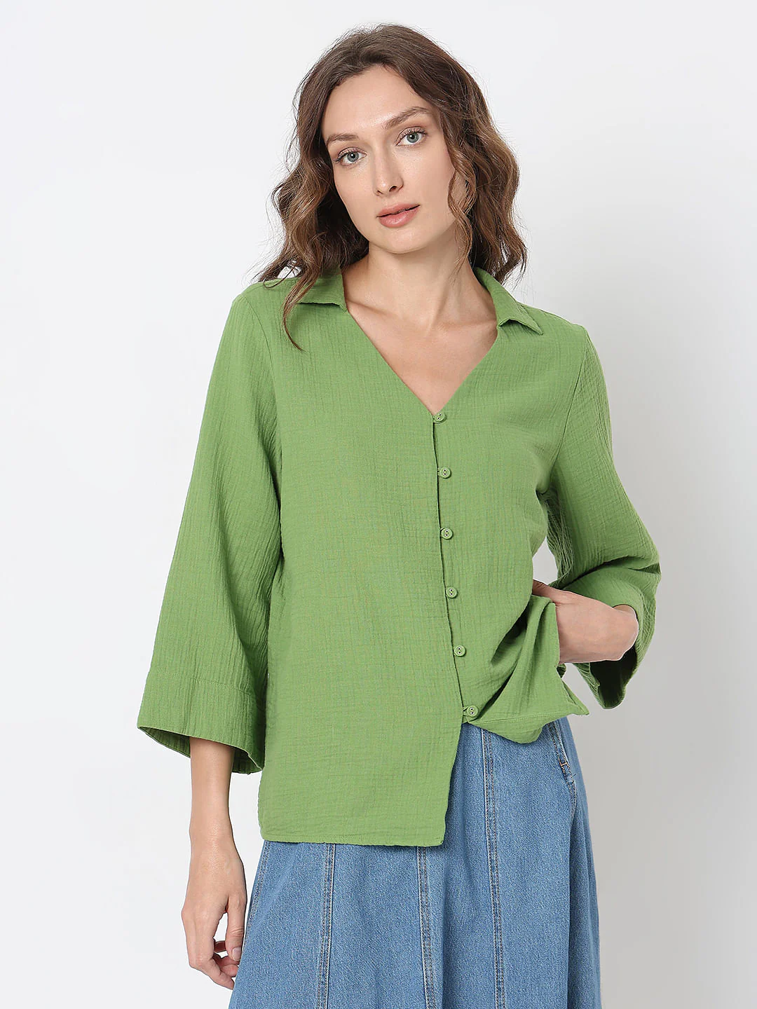 Green Textured Cotton Shirt - Image 2