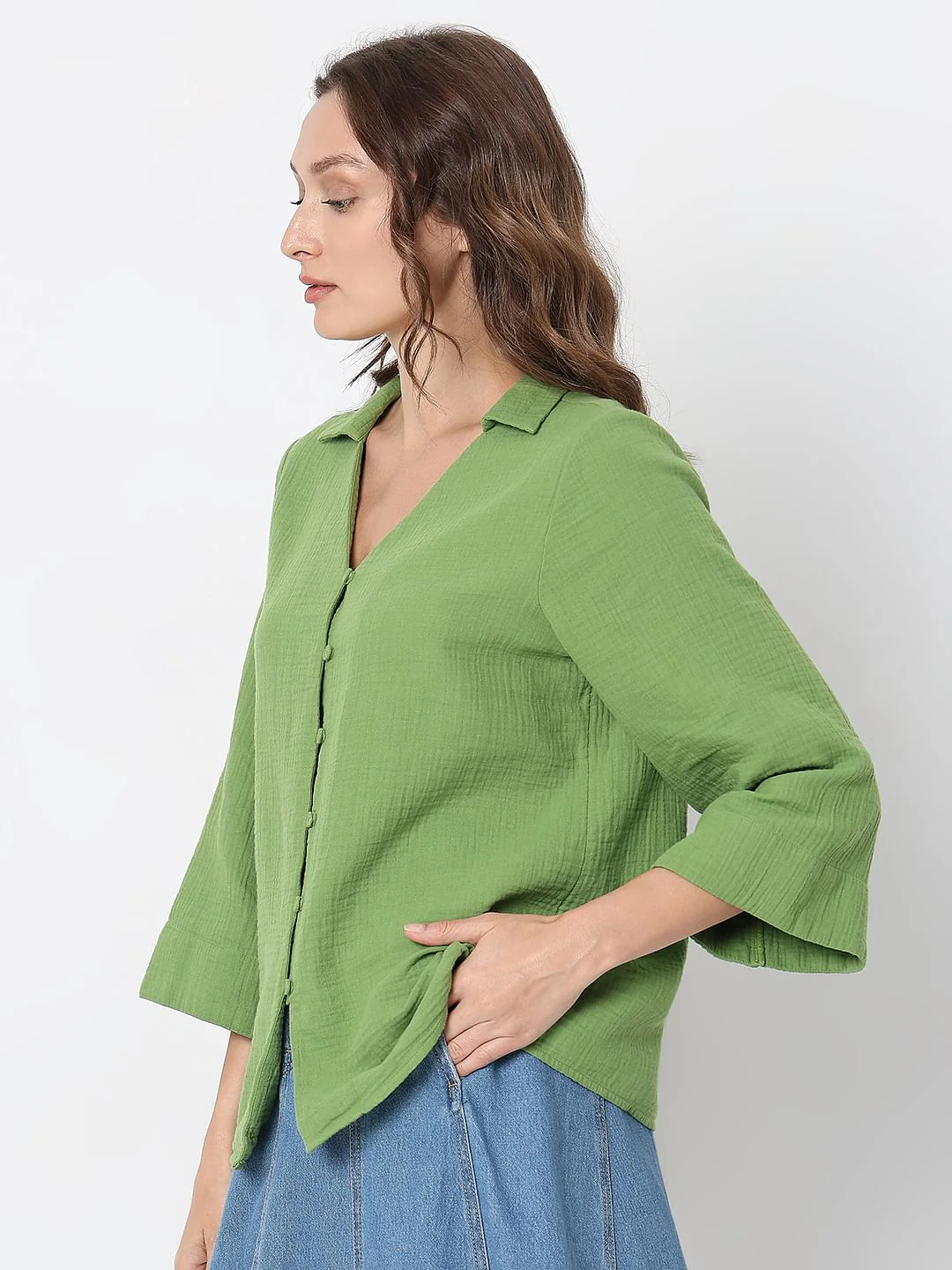 Green Textured Cotton Shirt - Image 3