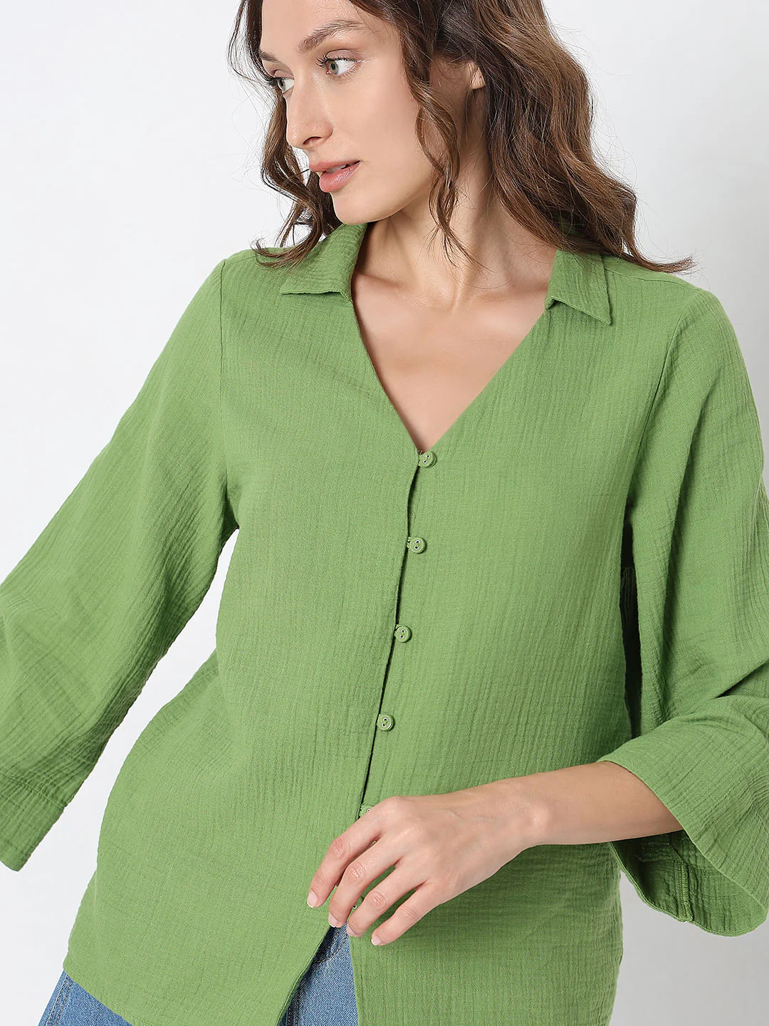 Green Textured Cotton Shirt - Image 6
