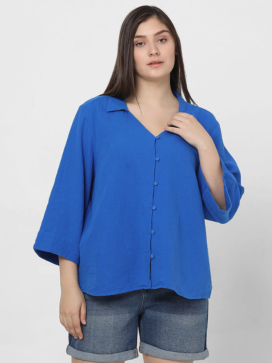 Curve Blue Textured Shirt - Image 2