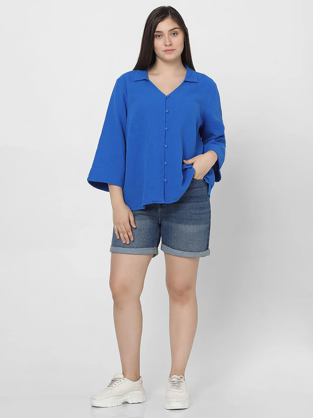 Curve Blue Textured Shirt - Image 5