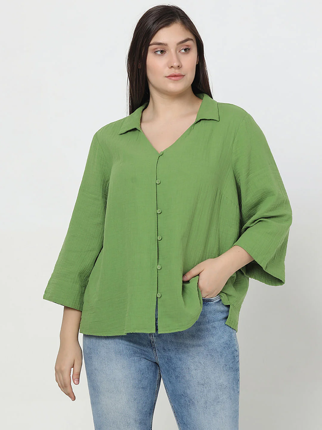 Curve Green Textured Cotton Shirt - Image 2