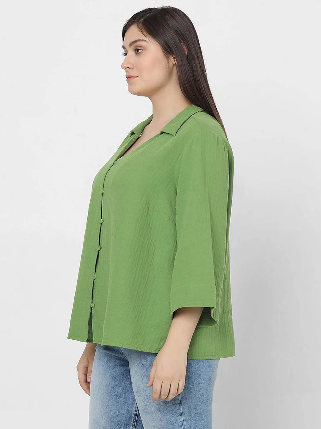Curve Green Textured Cotton Shirt - Image 3