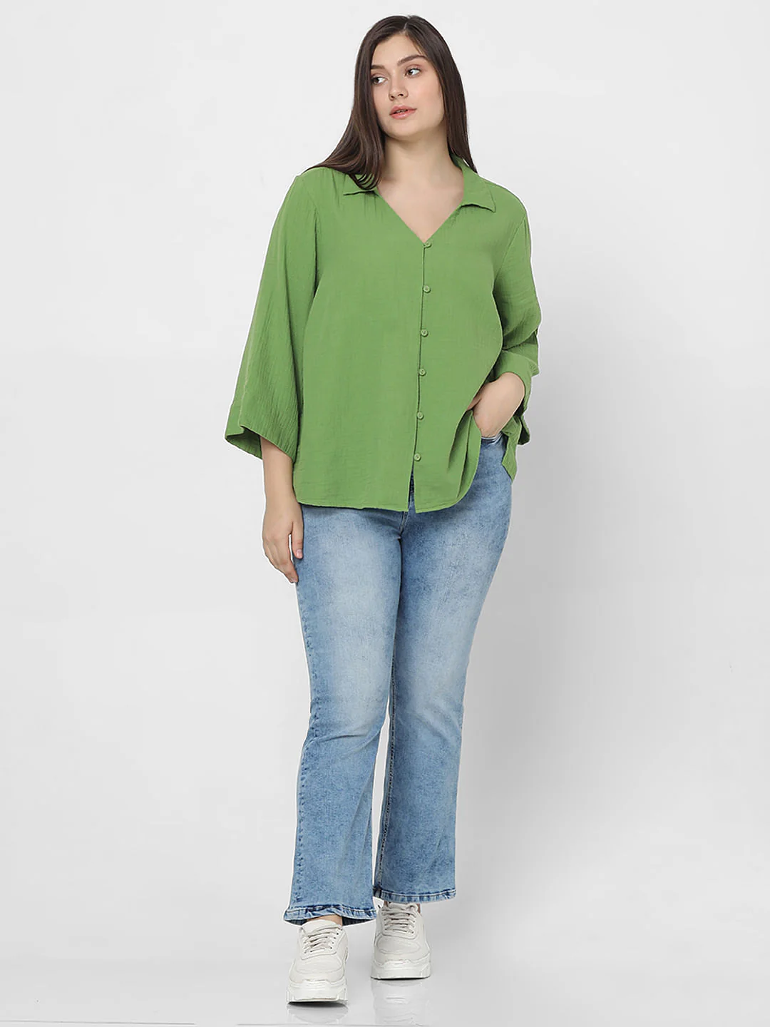 Curve Green Textured Cotton Shirt - Image 5