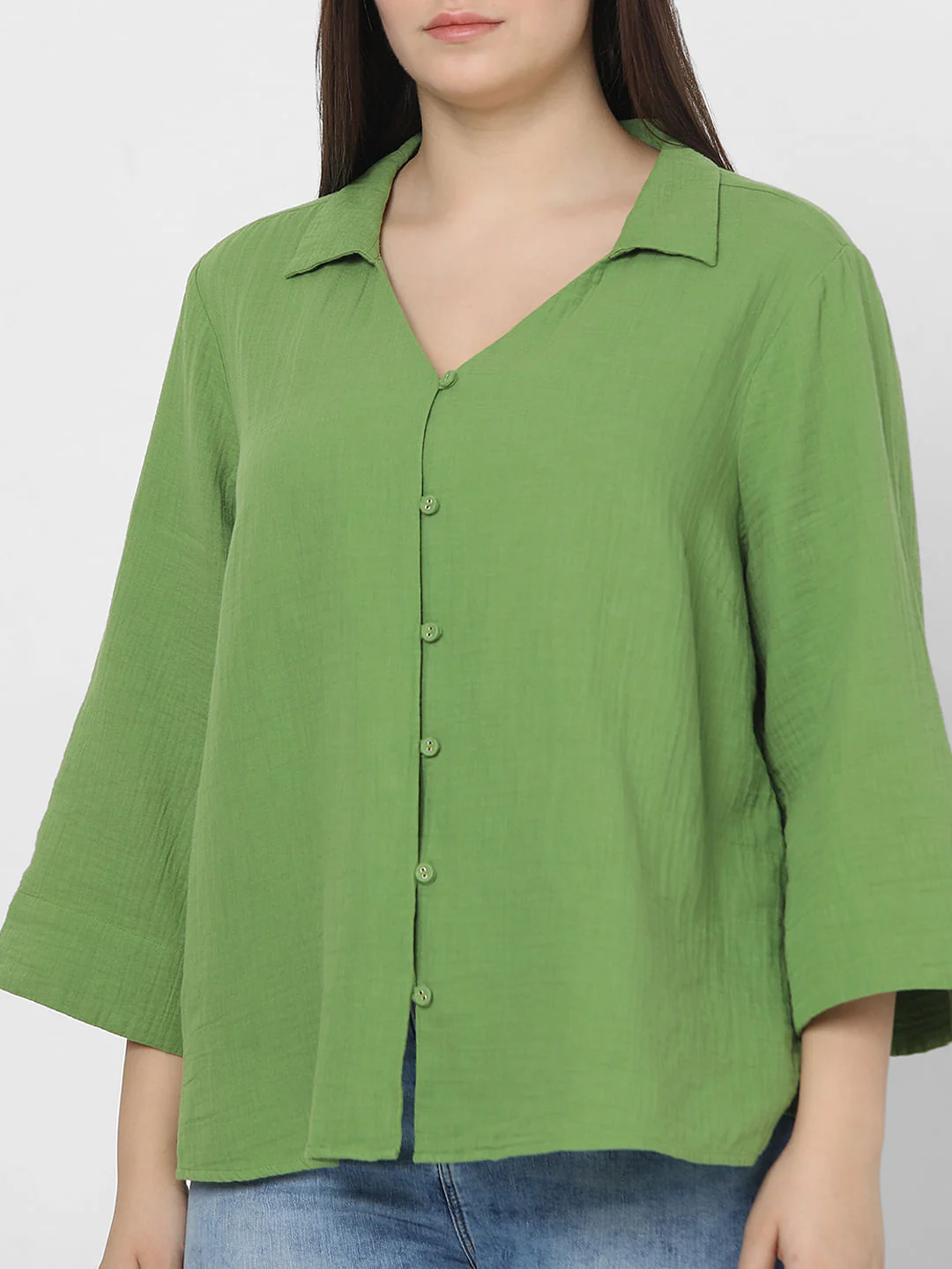 Curve Green Textured Cotton Shirt - Image 6