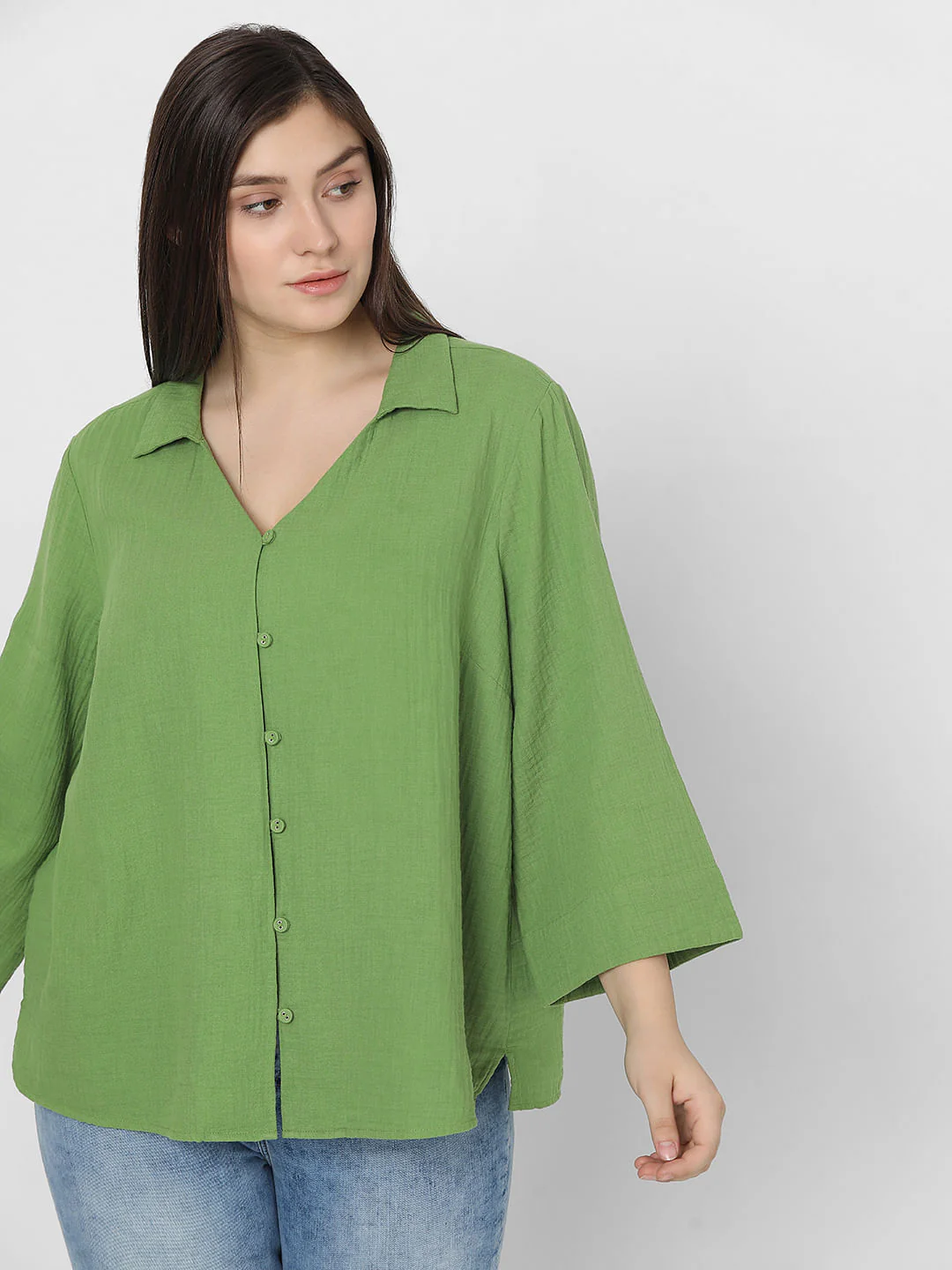 Curve Green Textured Cotton Shirt - Image 8