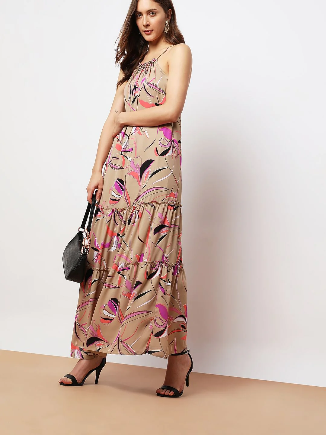 Beige Printed Halter Neck Maxi Dress