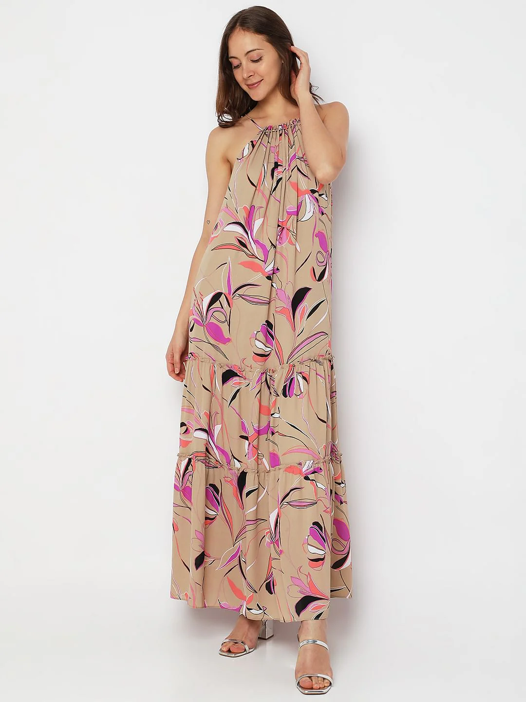Beige Printed Halter Neck Maxi Dress - Image 2