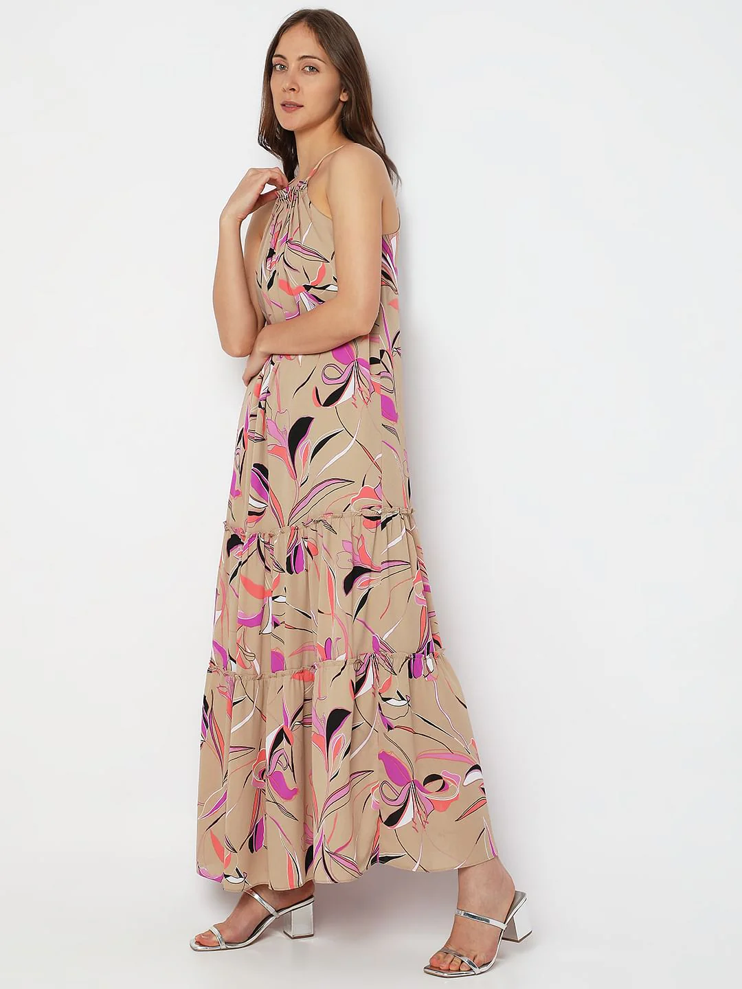 Beige Printed Halter Neck Maxi Dress - Image 3