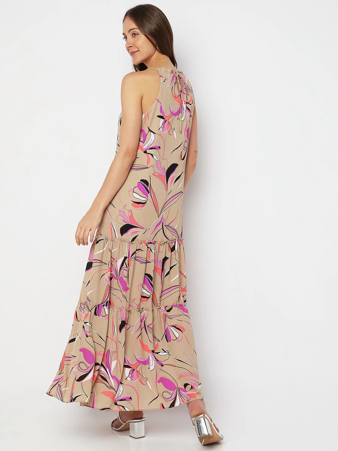 Beige Printed Halter Neck Maxi Dress - Image 4