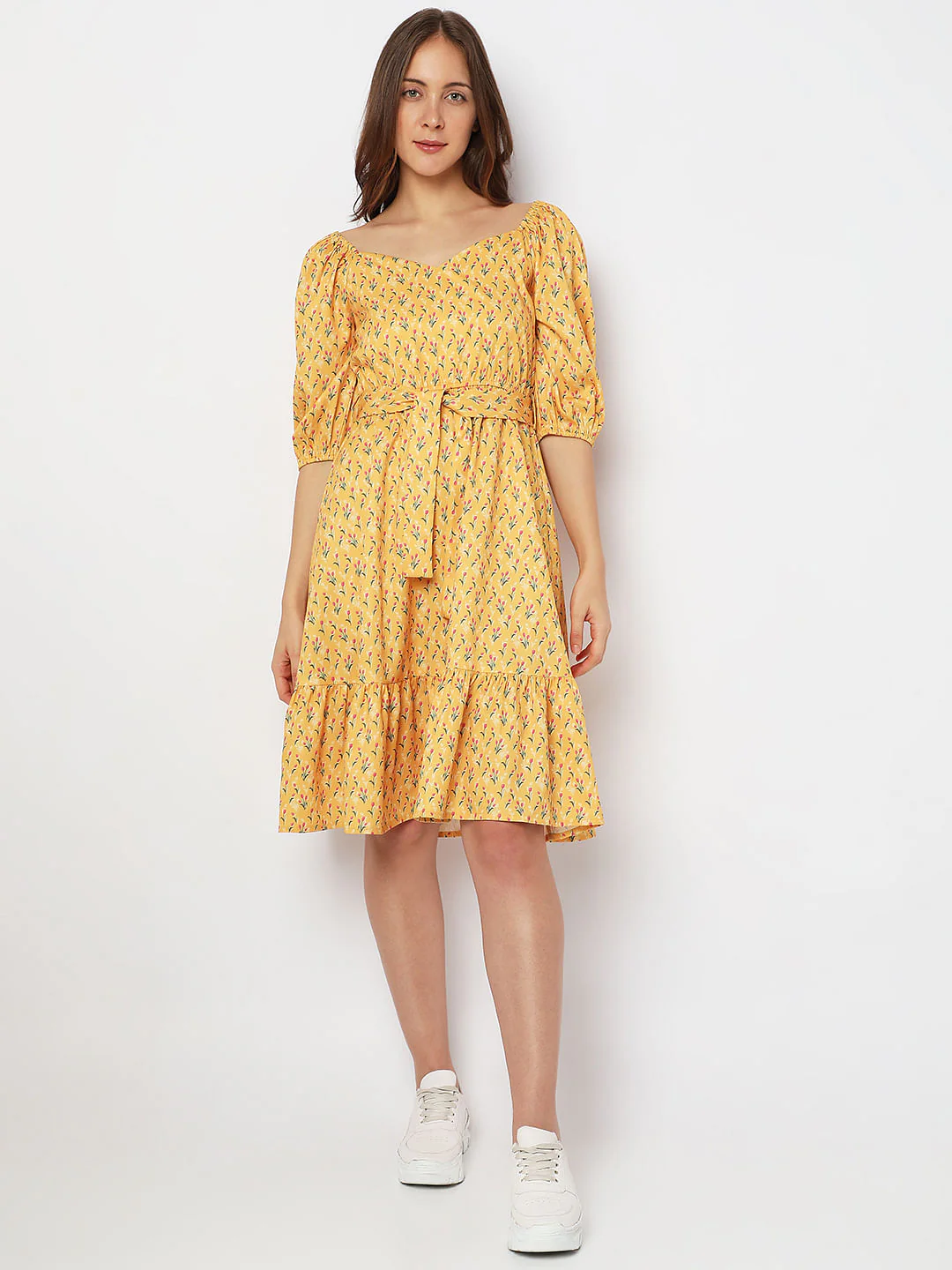 Yellow Printed Fit & Flare Dress - Image 5
