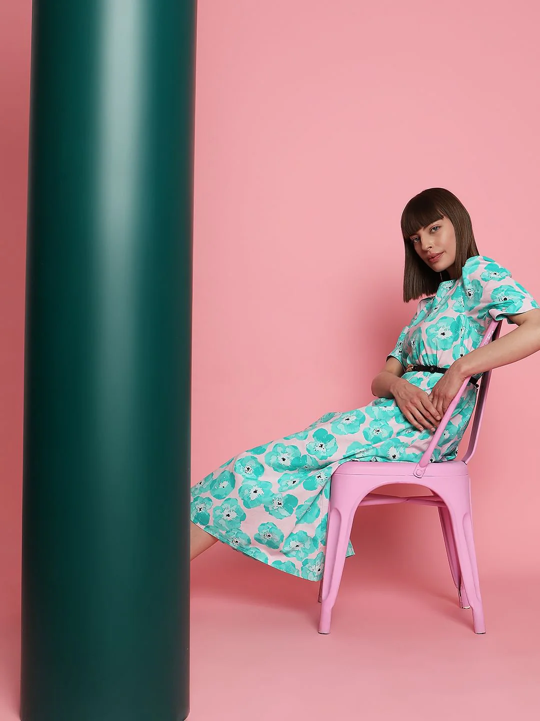 Electric Green Floral Midi Dress