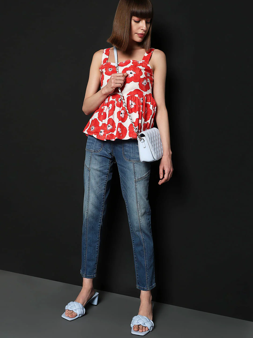 Red Floral Flared Top
