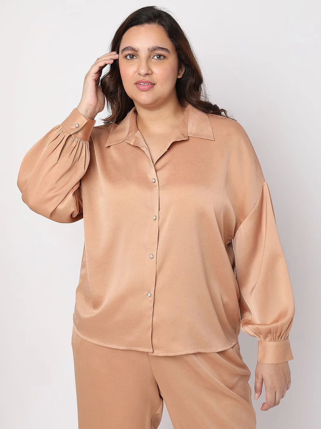 Curve Brown Satin Co-Ord Shirt - Image 2