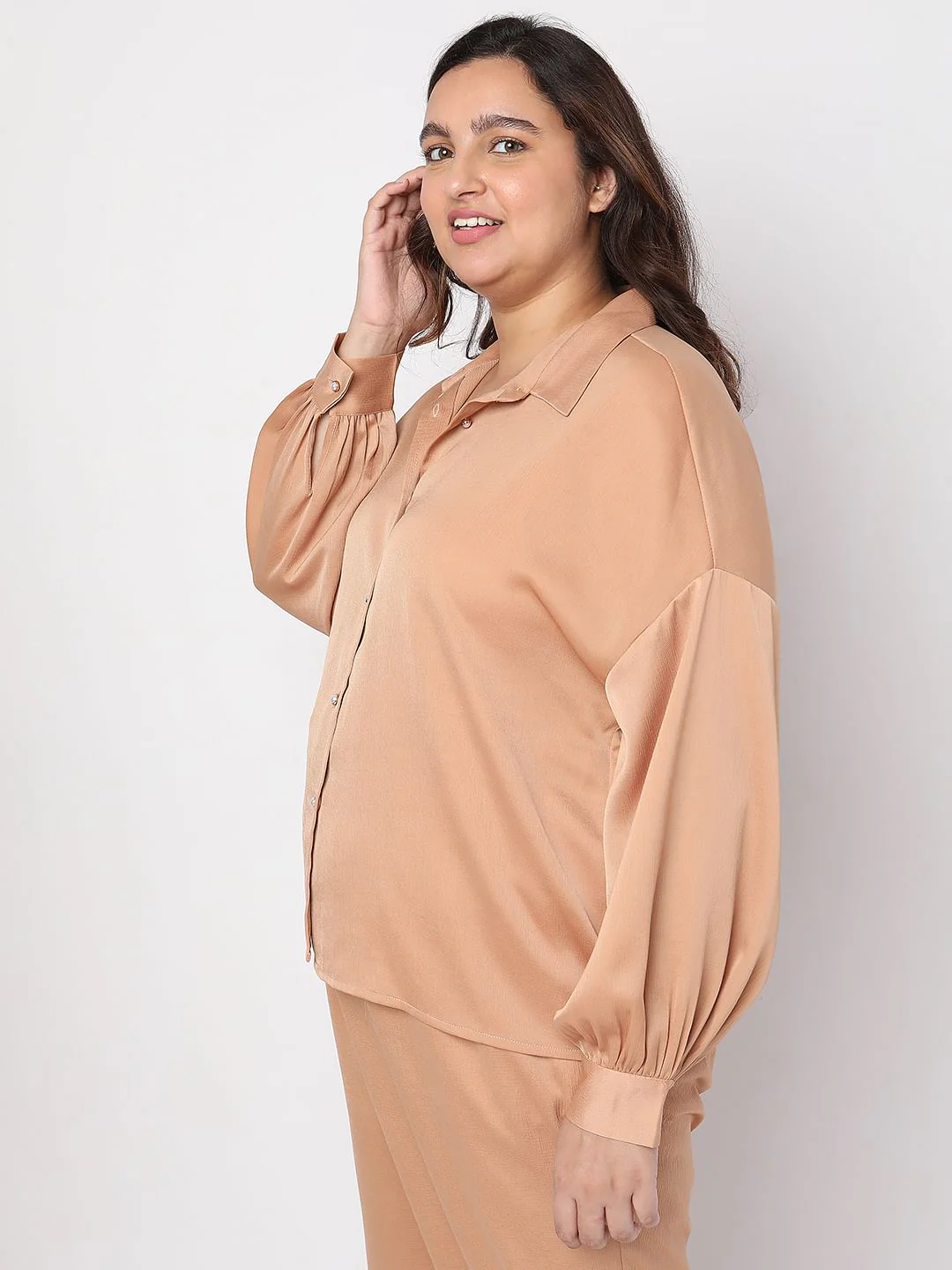 Curve Brown Satin Co-Ord Shirt - Image 3