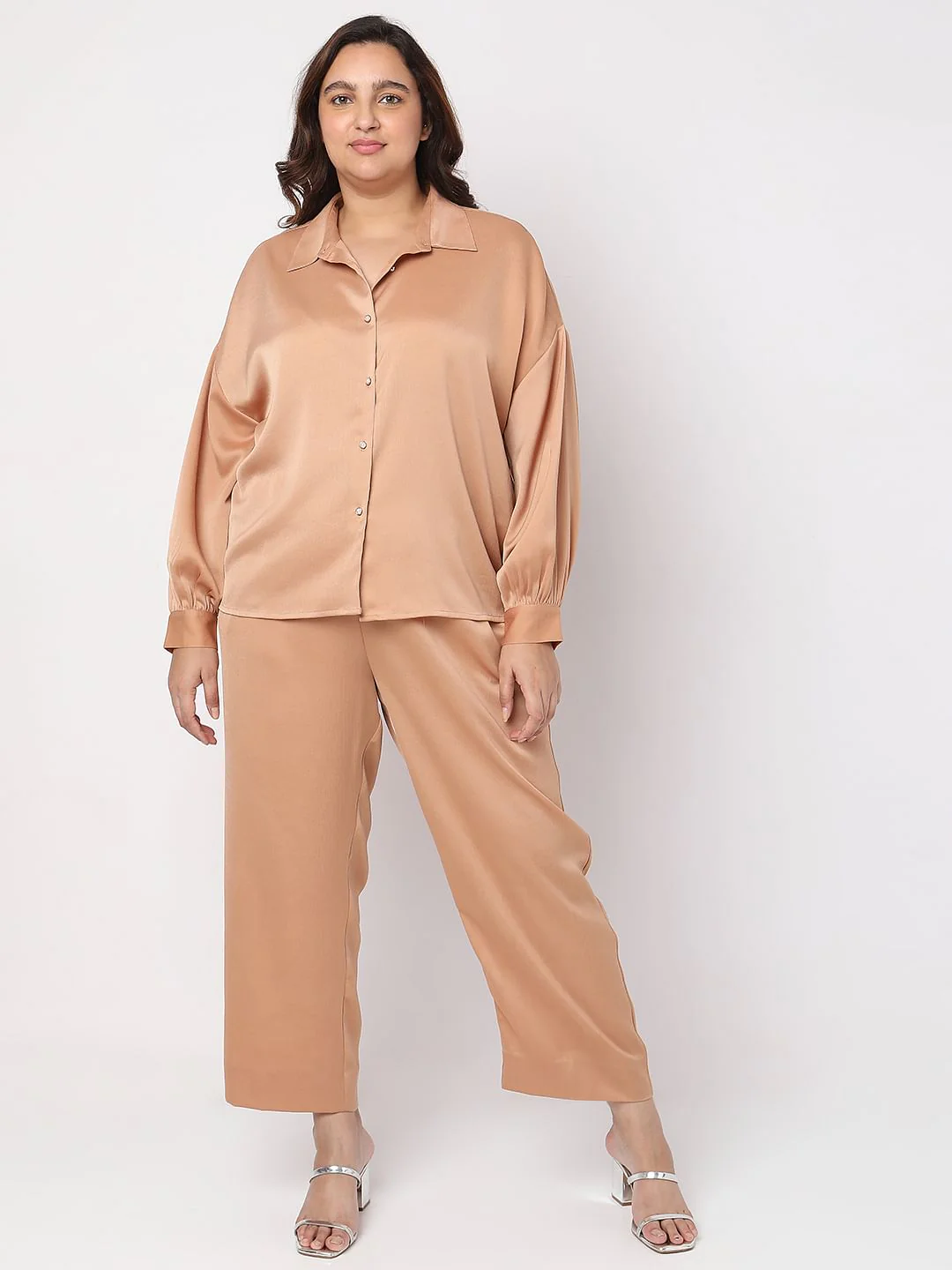 Curve Brown Satin Co-Ord Shirt - Image 5