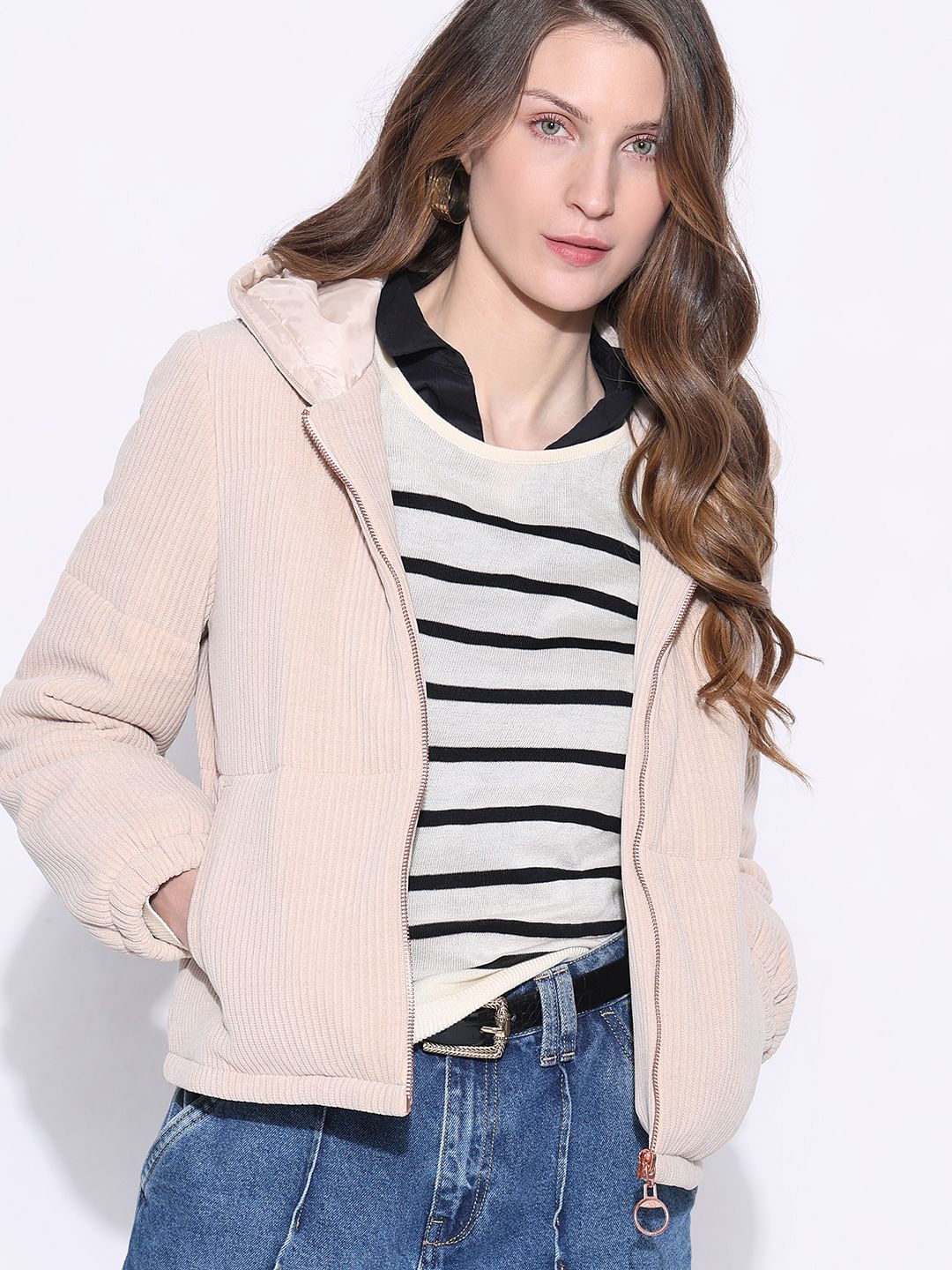 Beige Corduroy Hooded Jacket