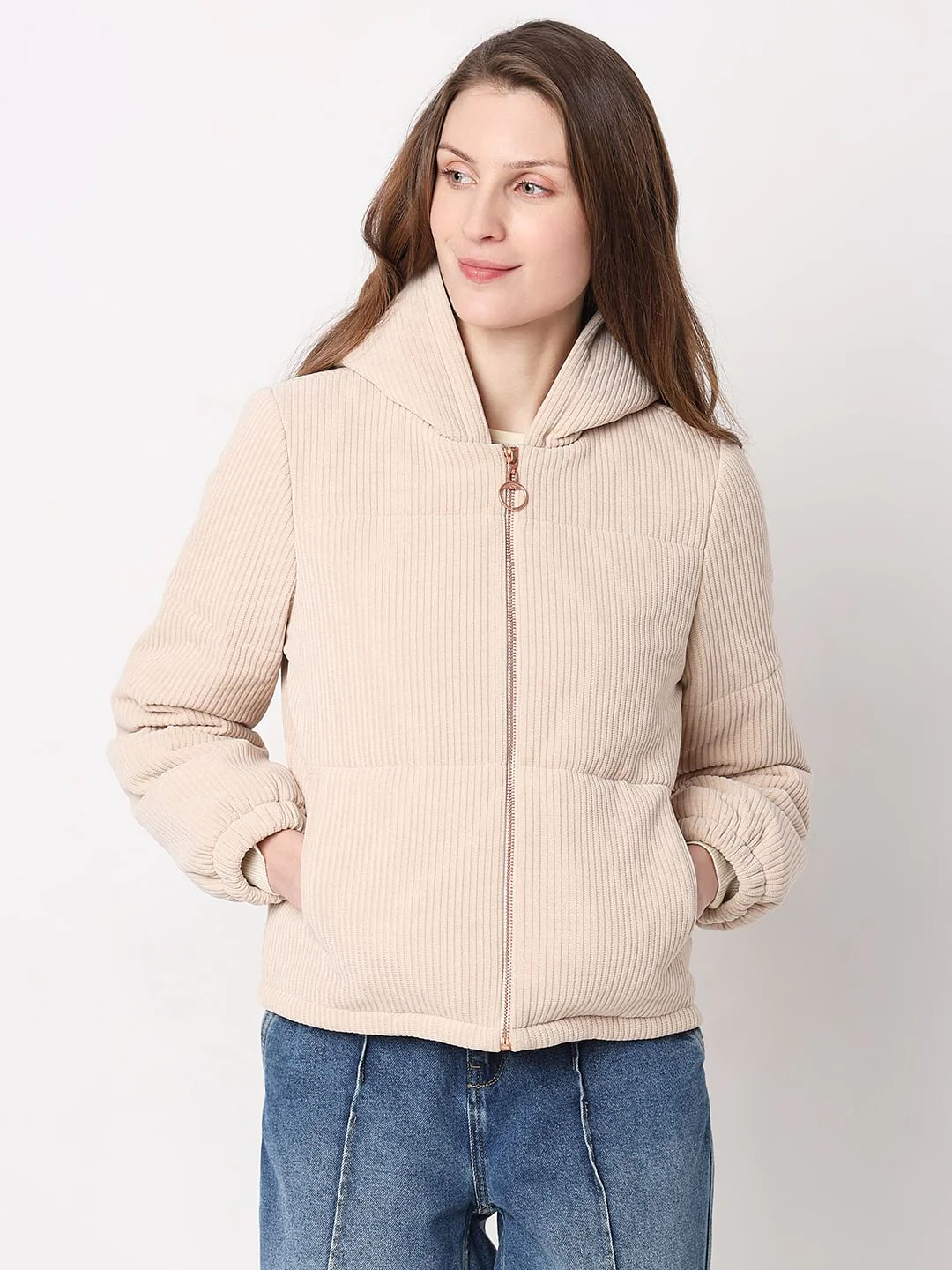 Beige Corduroy Hooded Jacket - Image 2