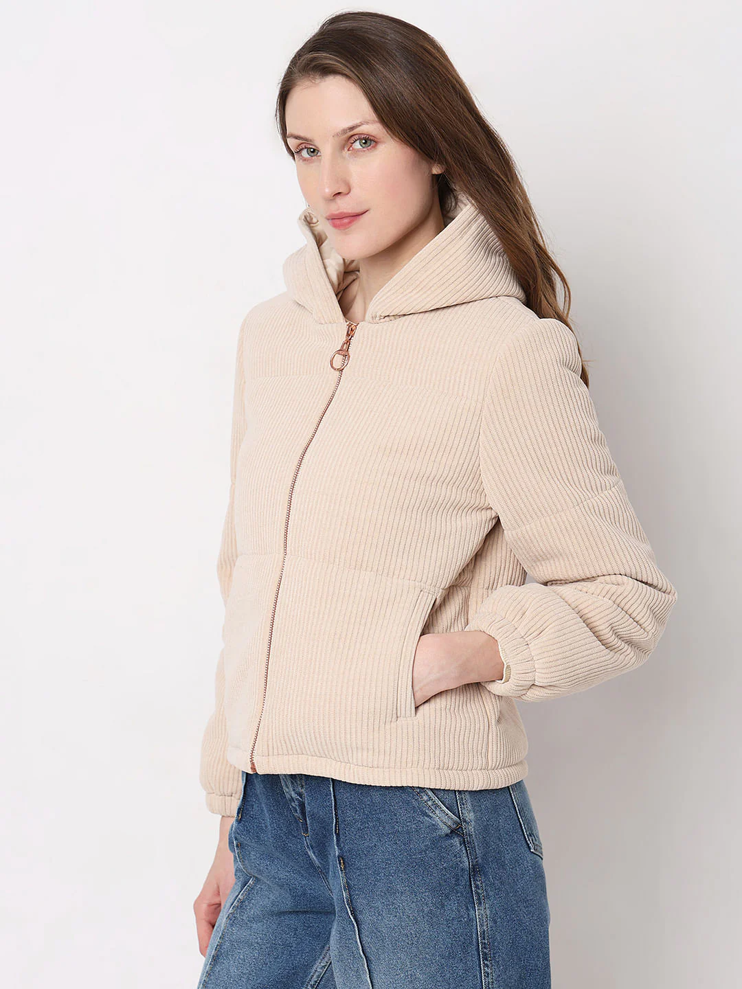 Beige Corduroy Hooded Jacket - Image 3