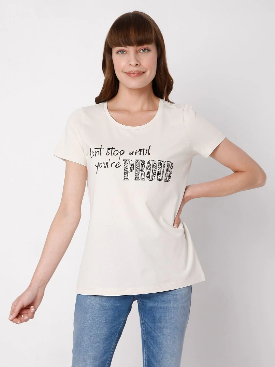 Beige Slogan Print T-Shirt - Image 2