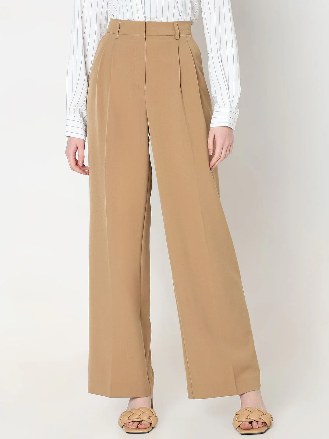 Beige Mid Rise Wide Dad Pants - Image 2