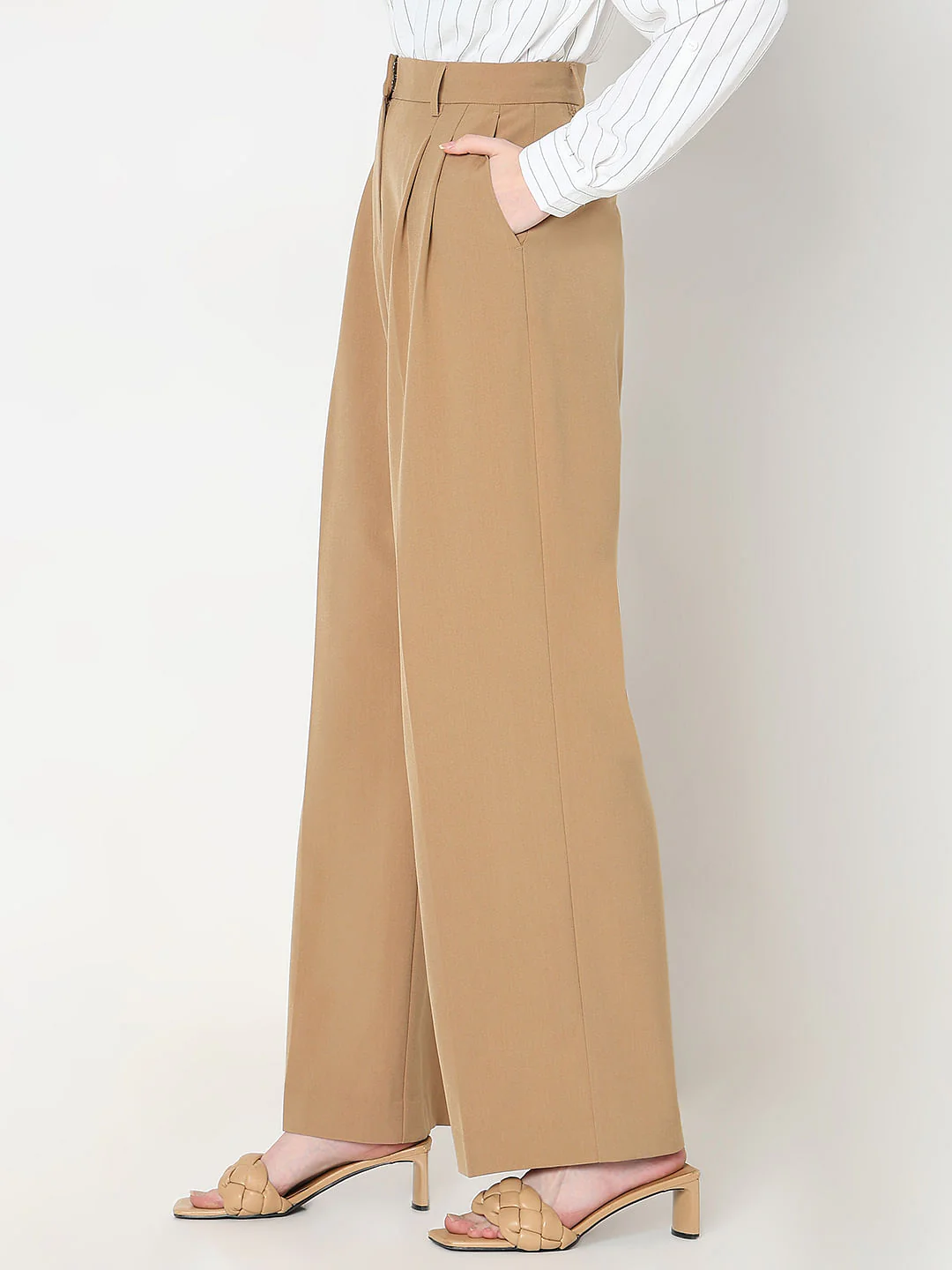 Beige Mid Rise Wide Dad Pants - Image 3