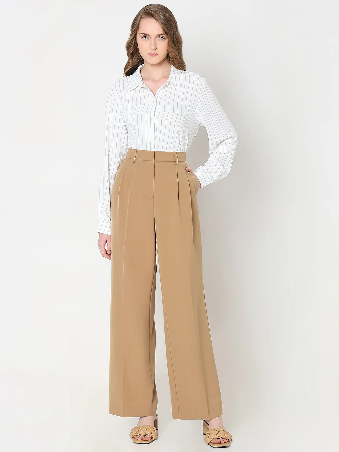 Beige Mid Rise Wide Dad Pants - Image 5