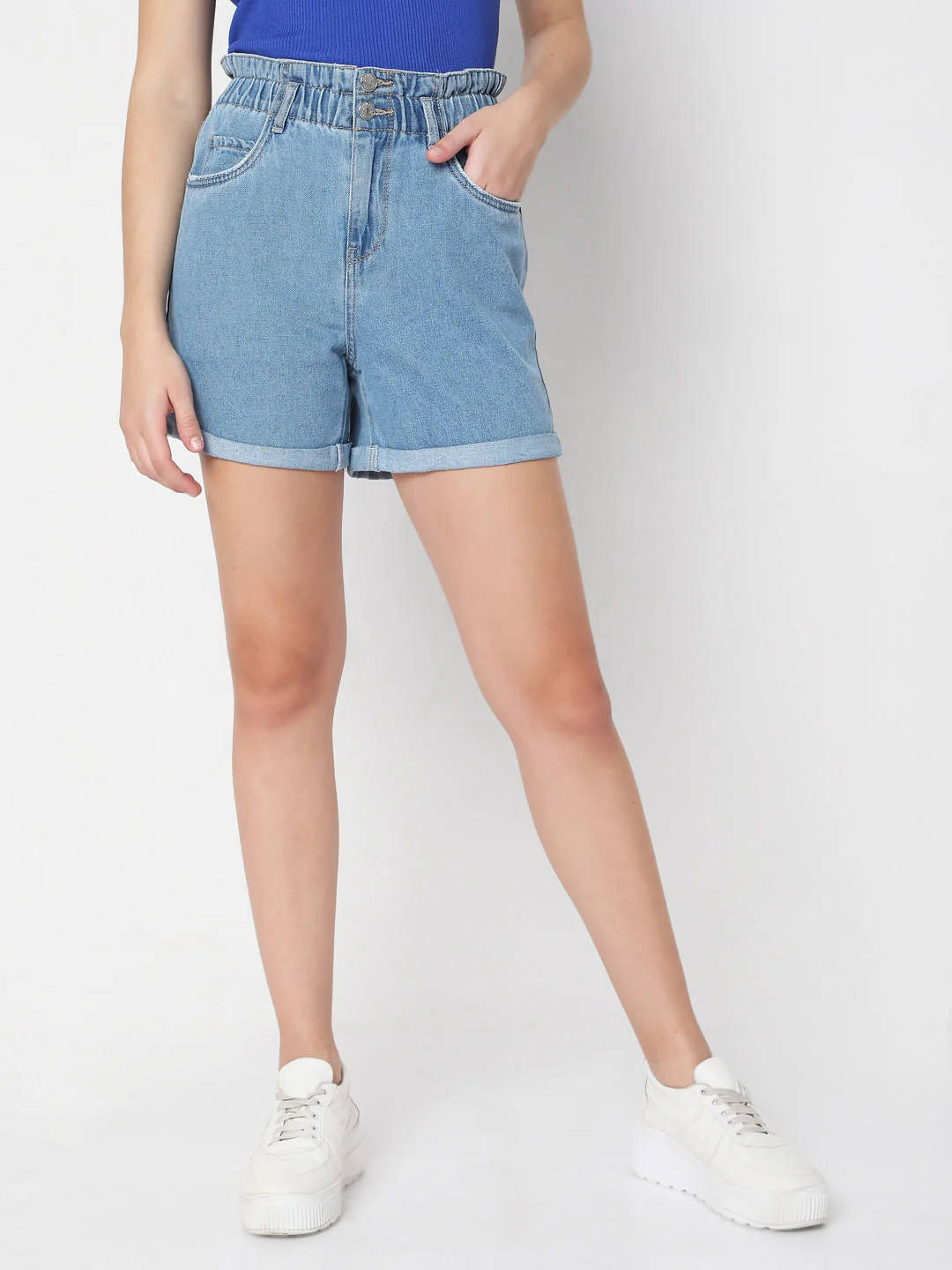Blue High Rise Denim Shorts - Image 2