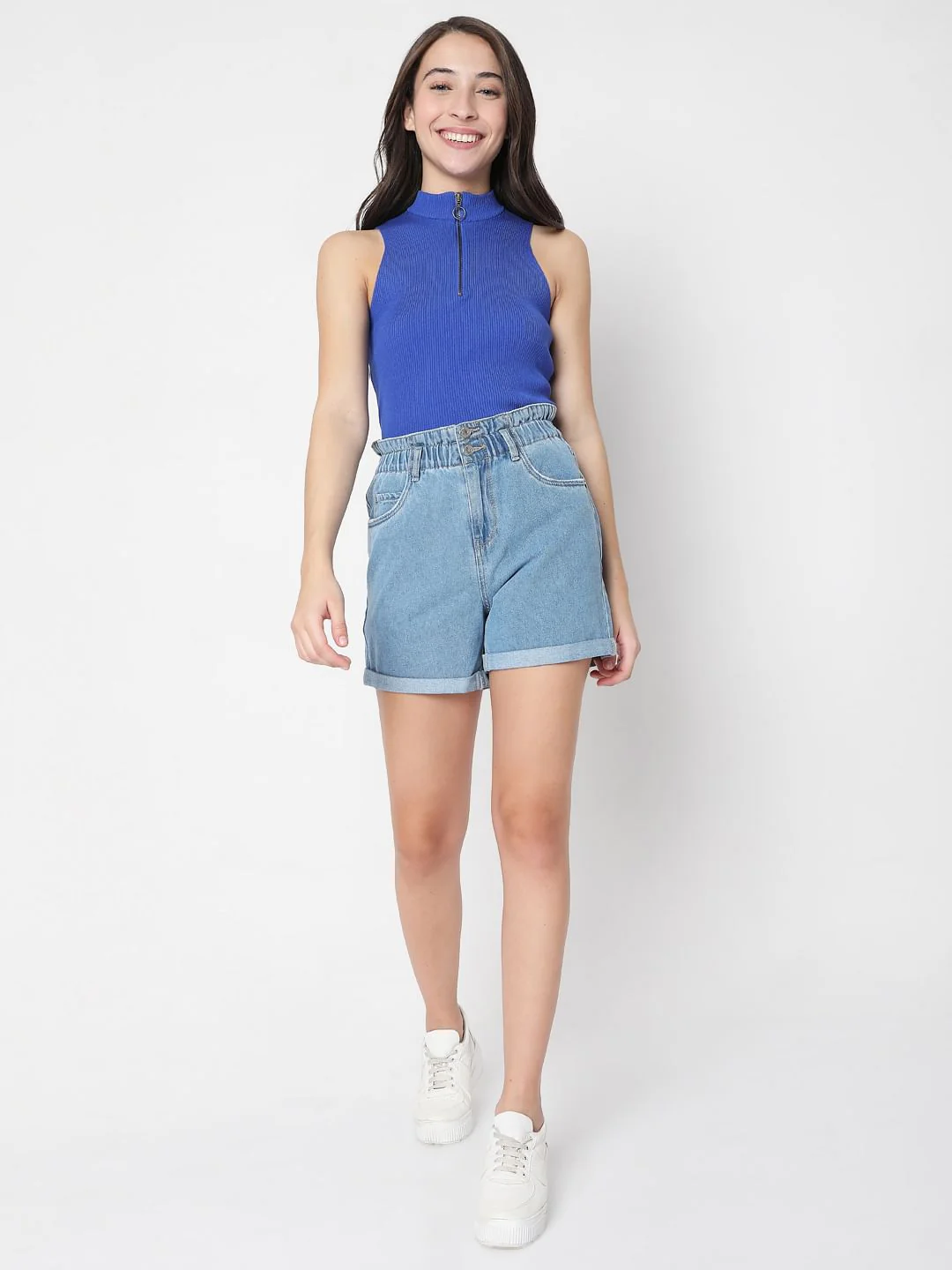 Blue High Rise Denim Shorts - Image 6