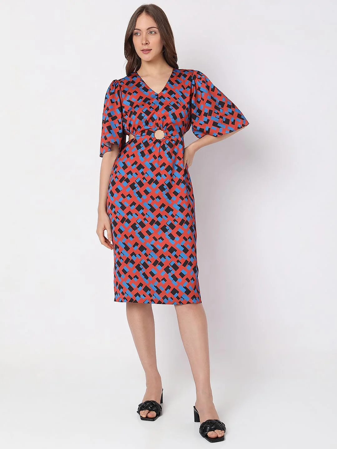 Brown Printed Cut-Out Midi Dress - Image 2
