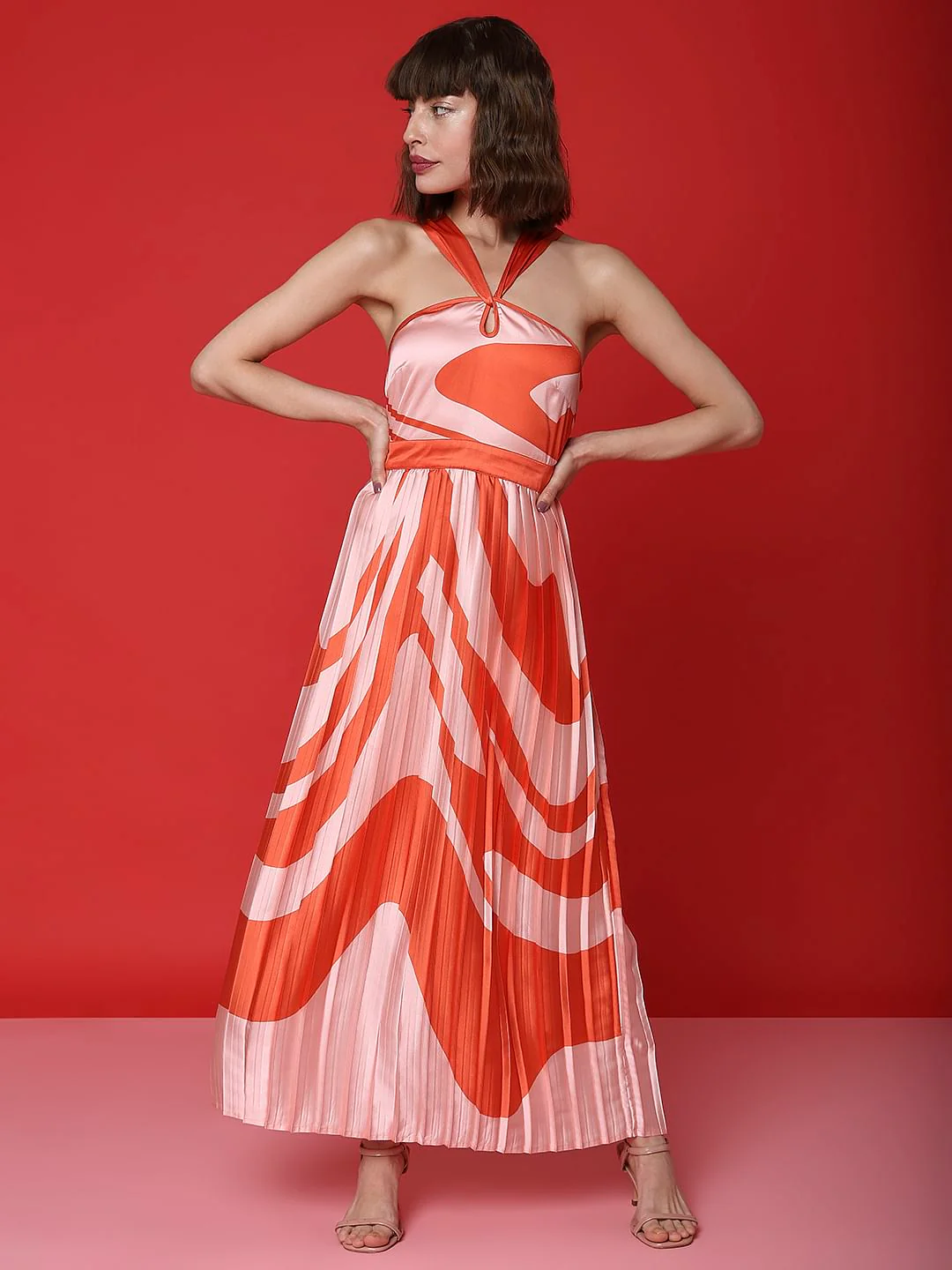 Peach Printed Pleated Maxi Dress - Image 2