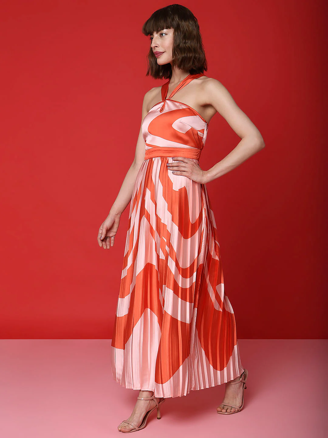 Peach Printed Pleated Maxi Dress - Image 3