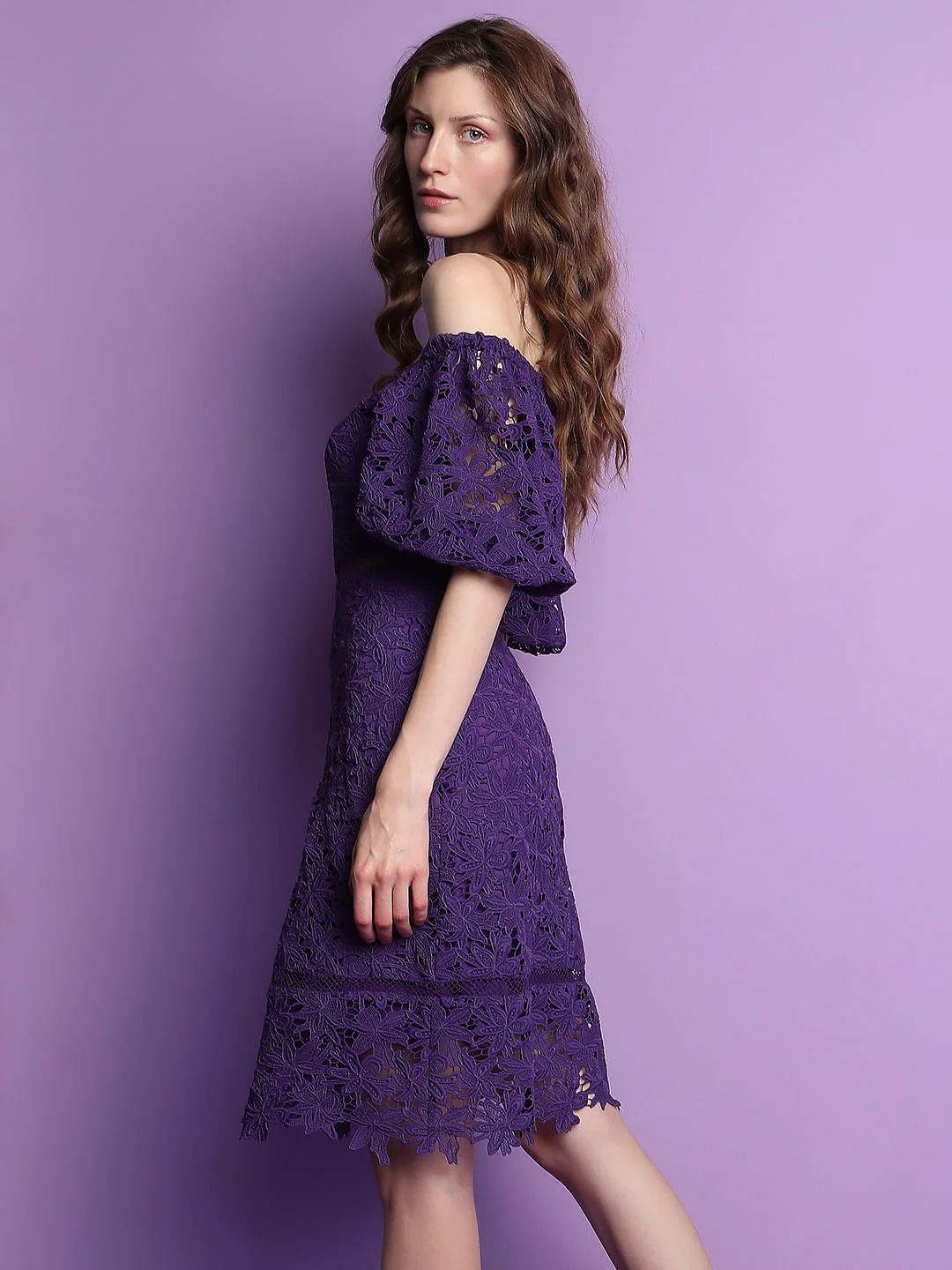 Marquee Purple Lace Off-Shoulder Dress - Image 3