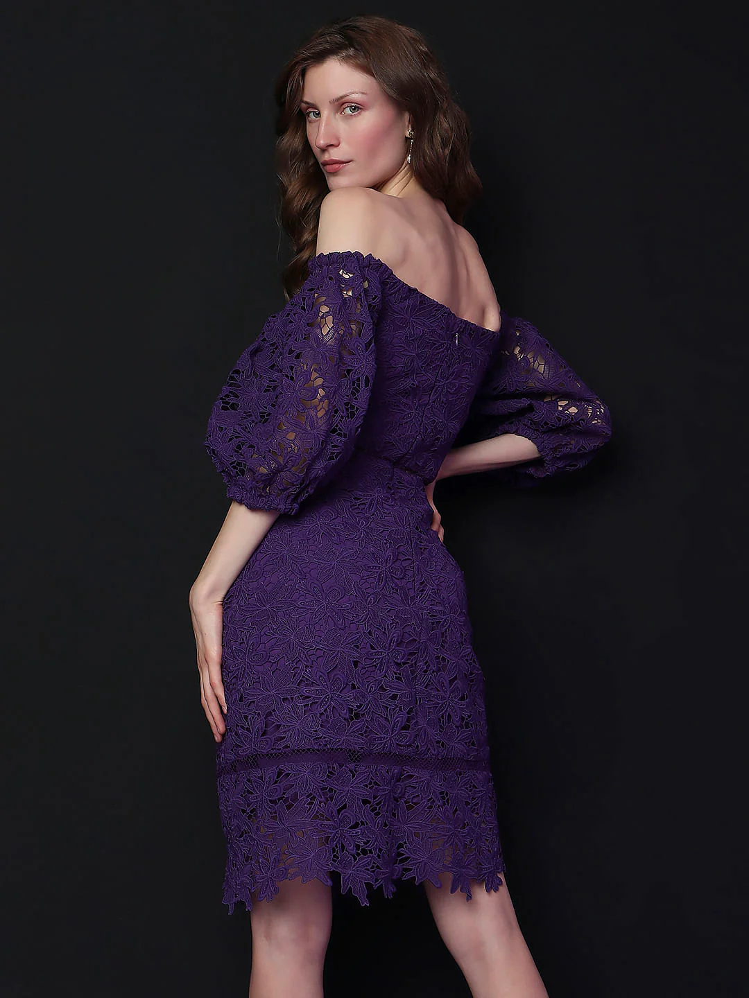 Marquee Purple Lace Off-Shoulder Dress - Image 4