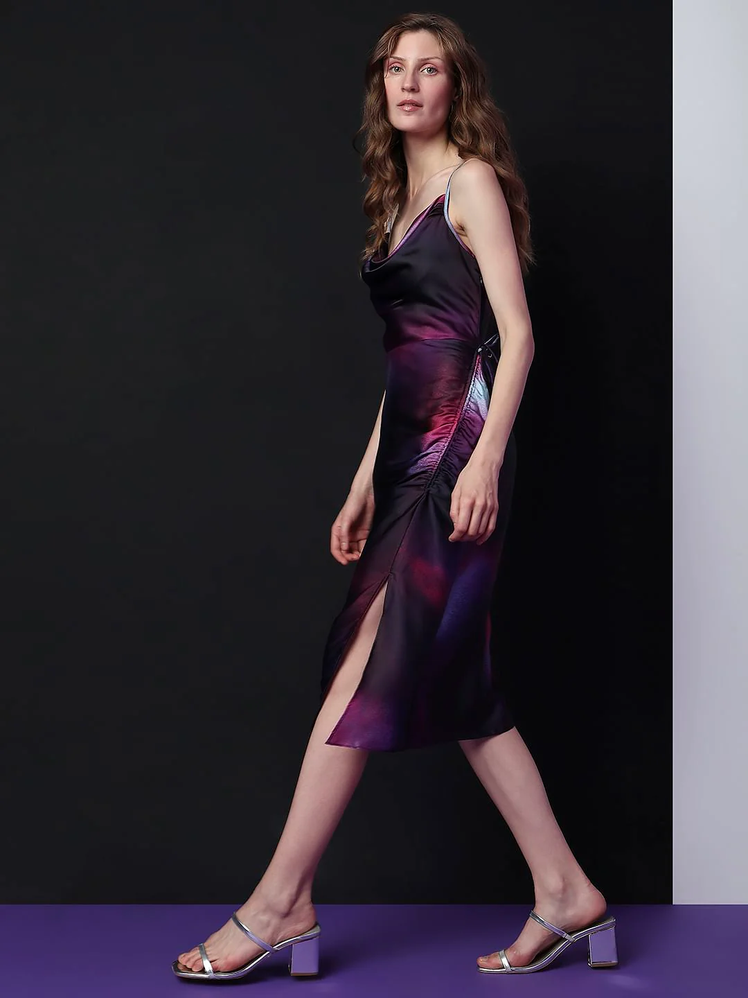 Marquee Purple Ombre Satin Midi Dress - Image 3