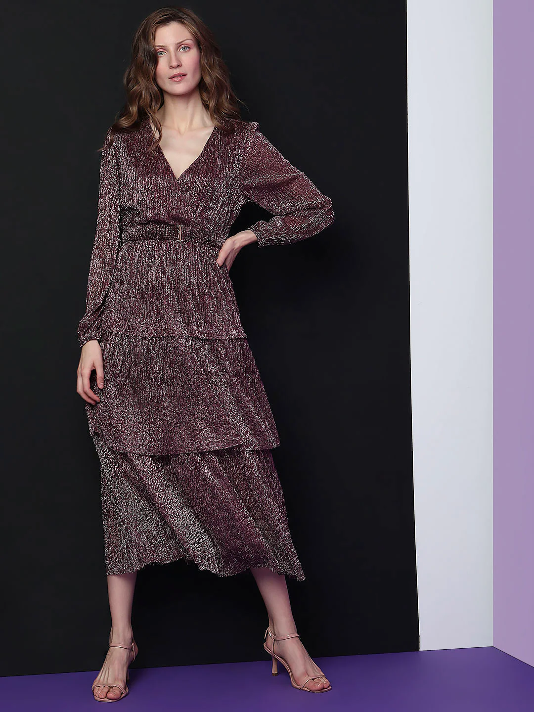 Marquee Purple Tiered Lurex Midi Dress - Image 2