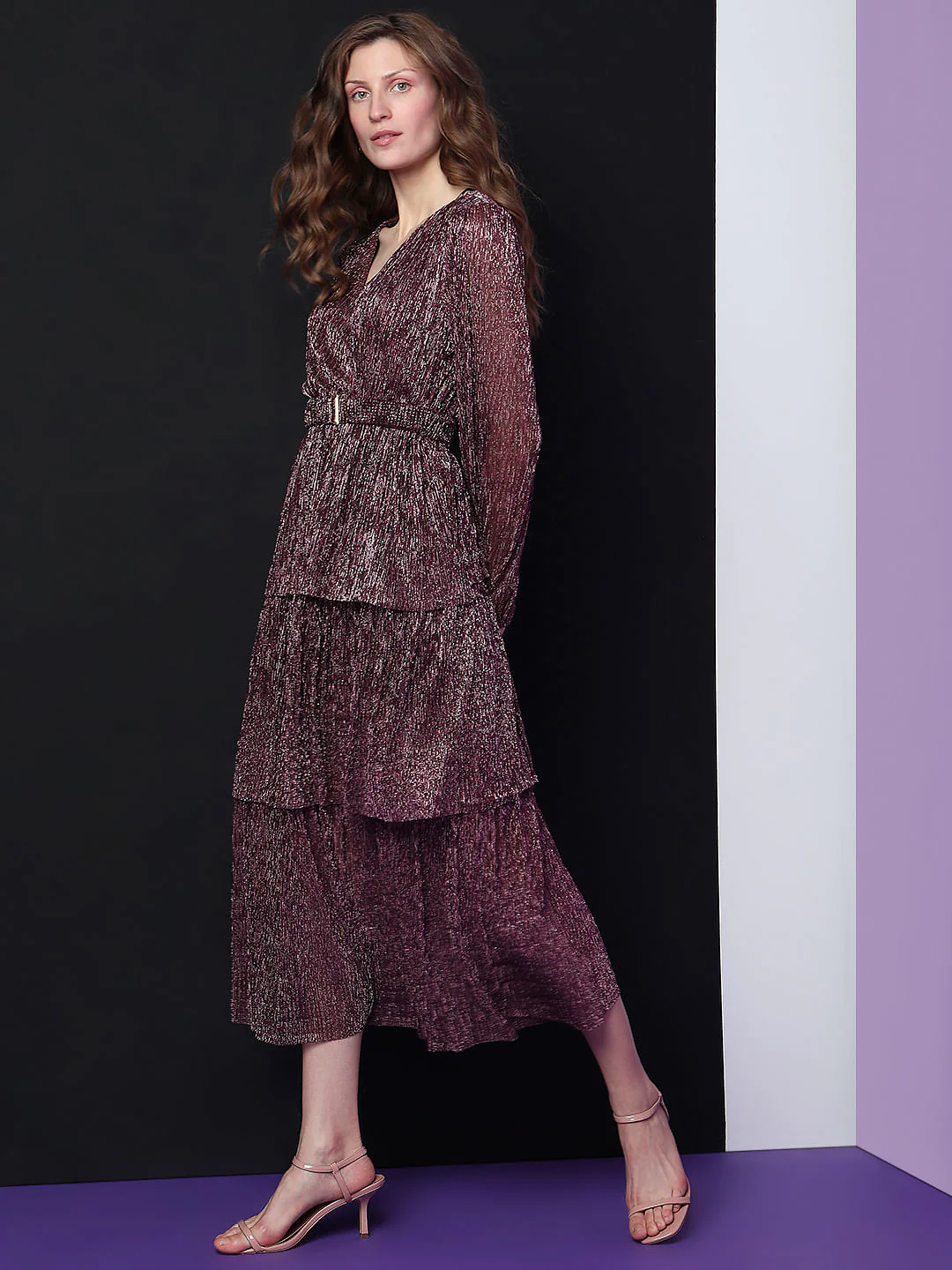 Marquee Purple Tiered Lurex Midi Dress - Image 3