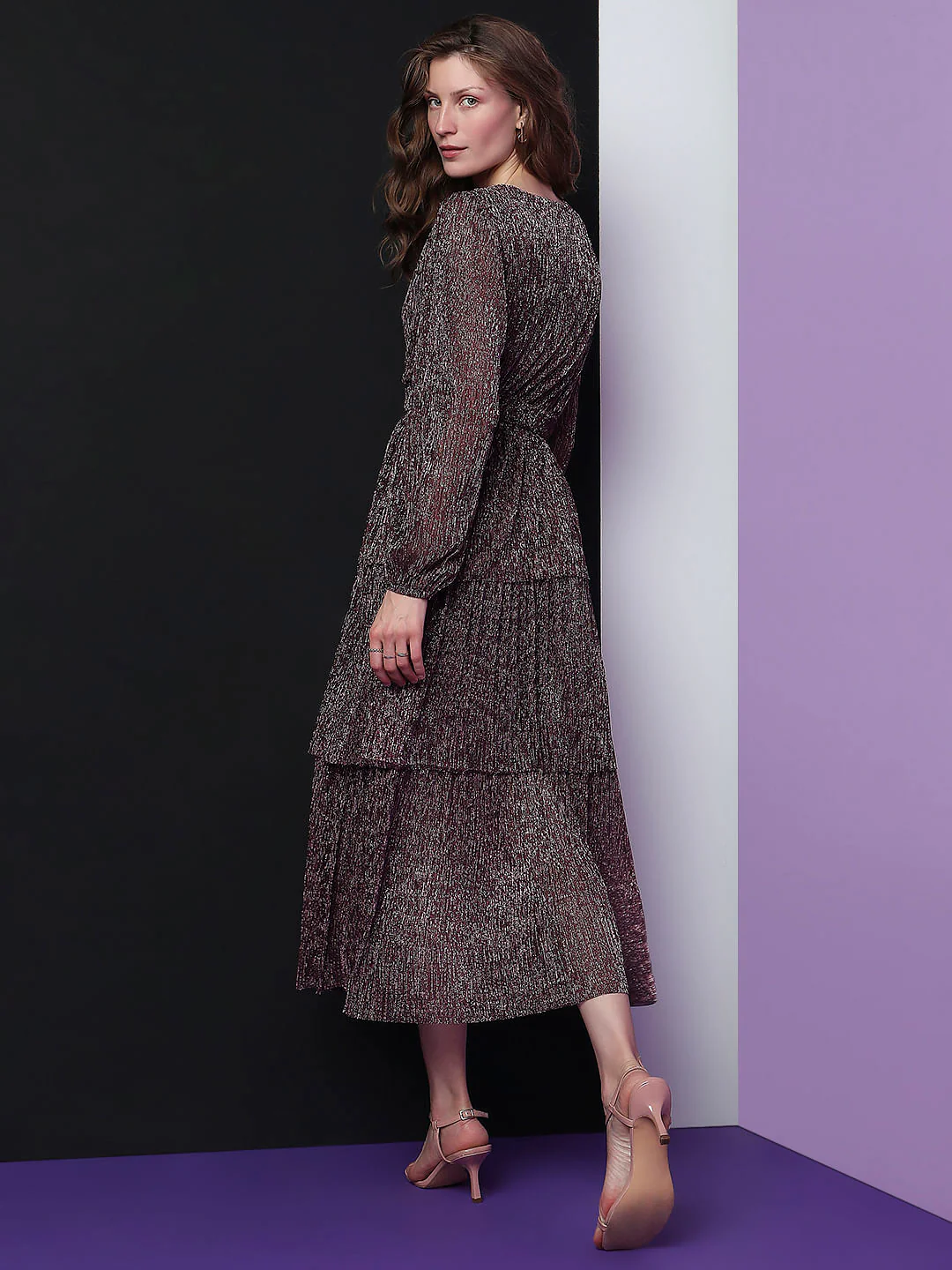 Marquee Purple Tiered Lurex Midi Dress - Image 4