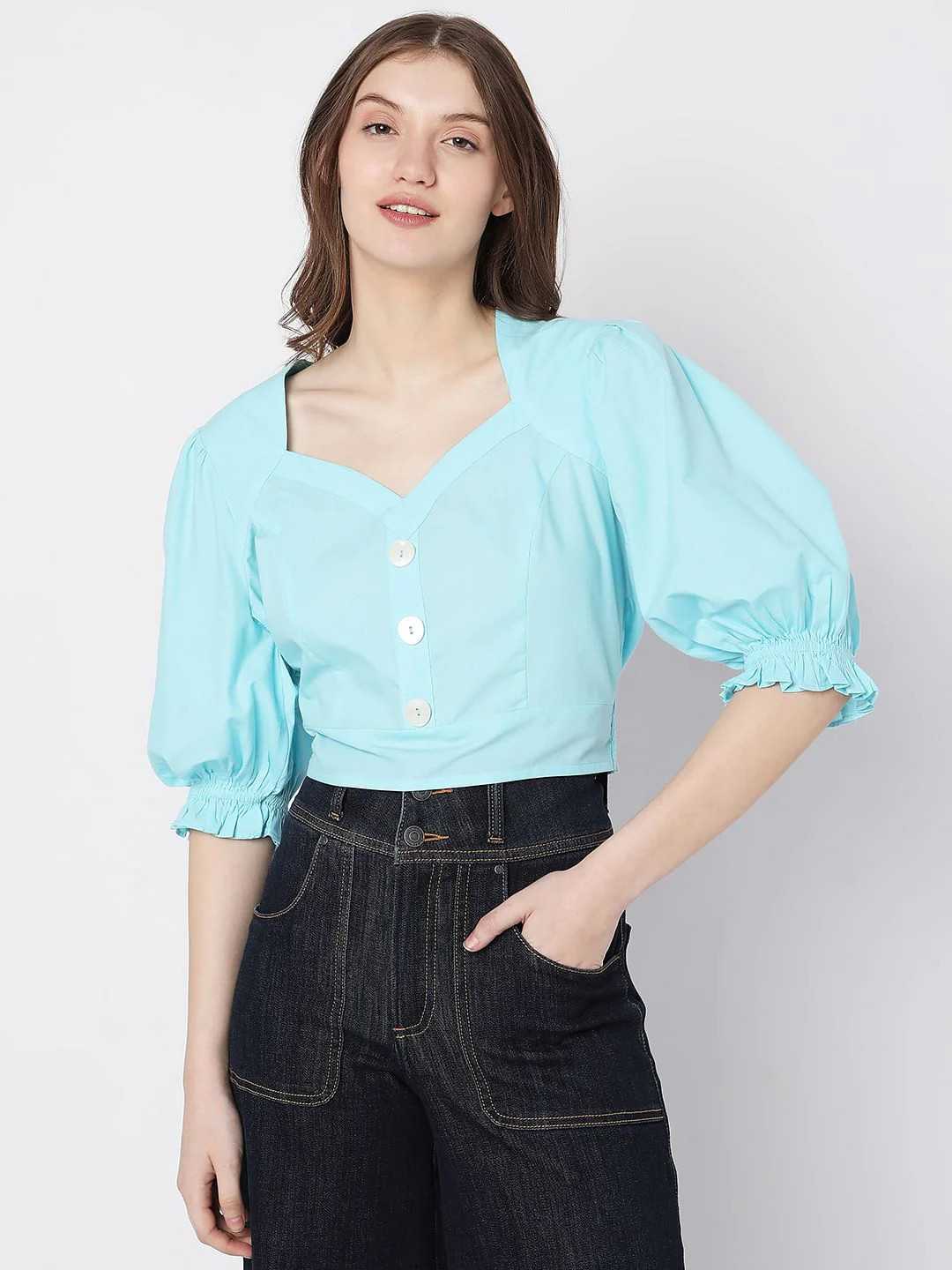Blue Puff Sleeves Cropped Top - Image 2
