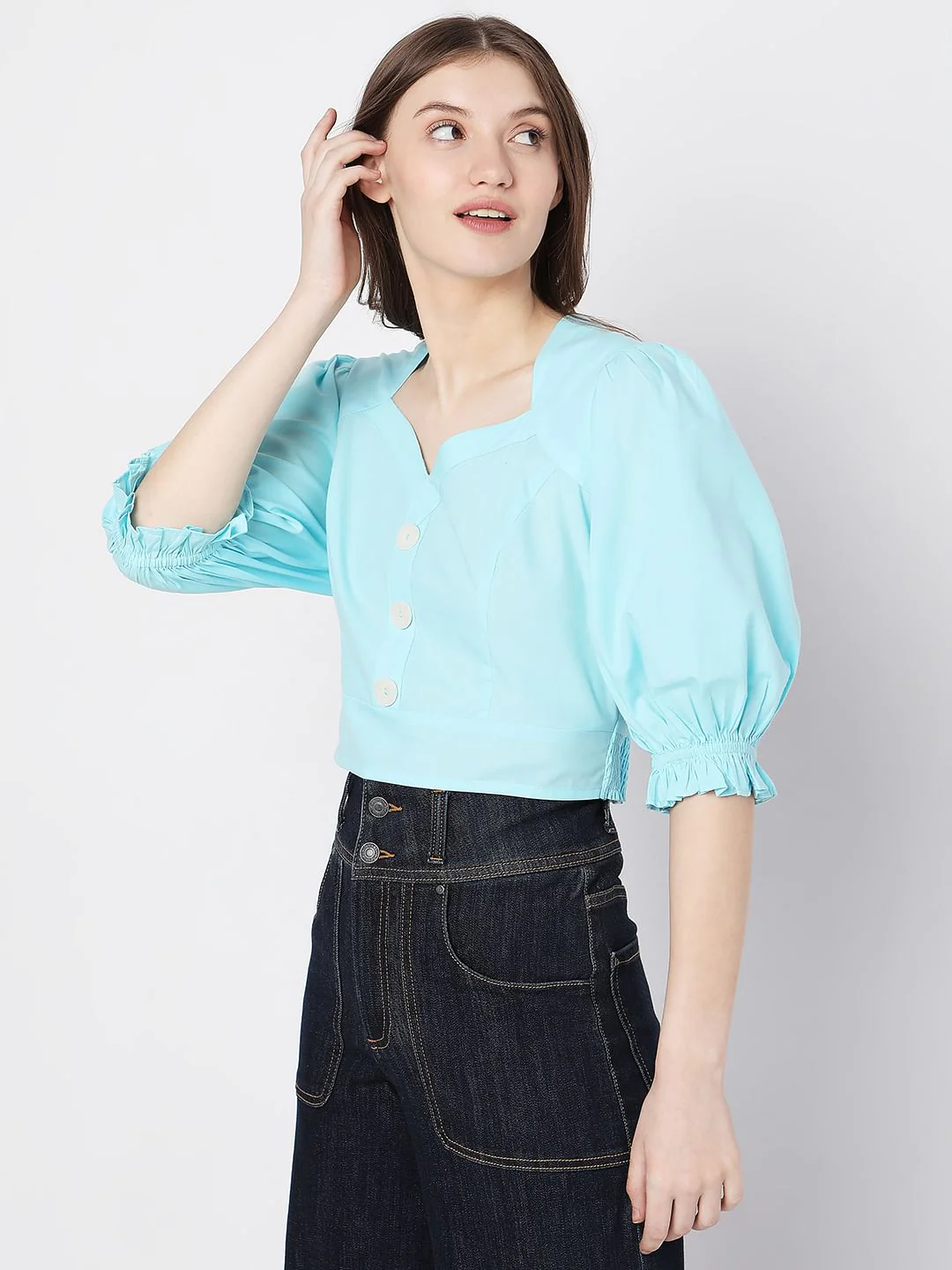 Blue Puff Sleeves Cropped Top - Image 3