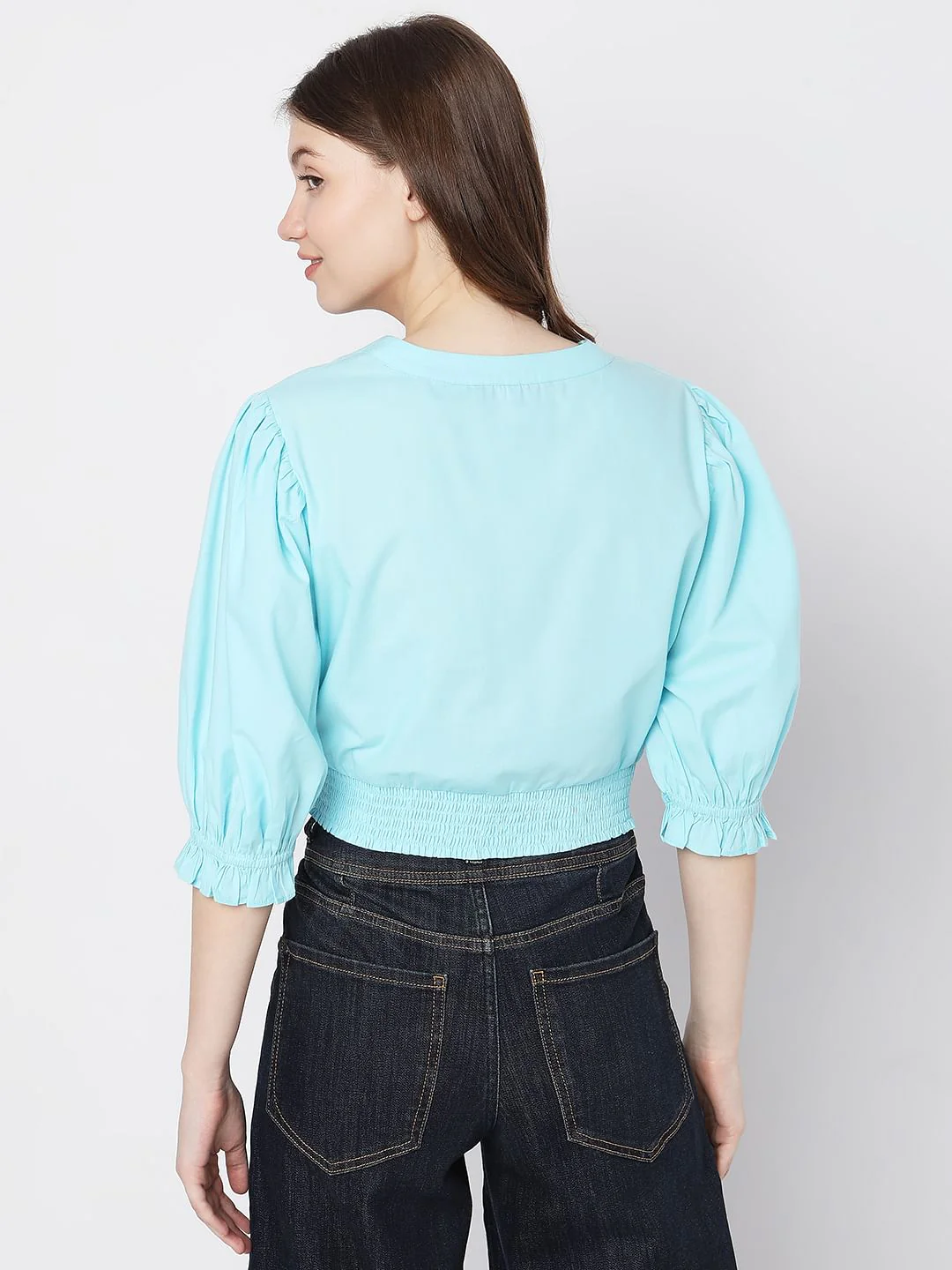 Blue Puff Sleeves Cropped Top - Image 4