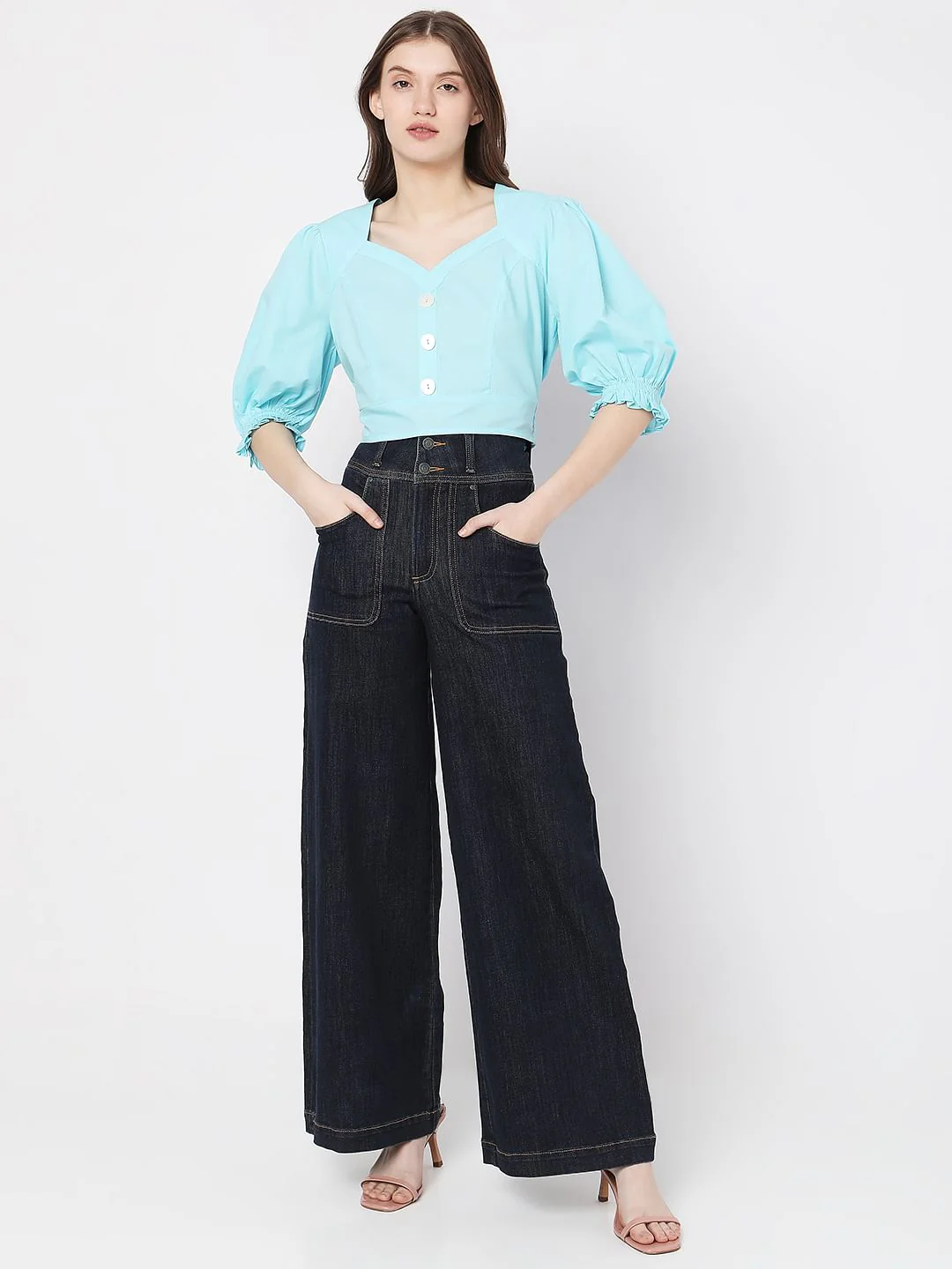 Blue Puff Sleeves Cropped Top - Image 5