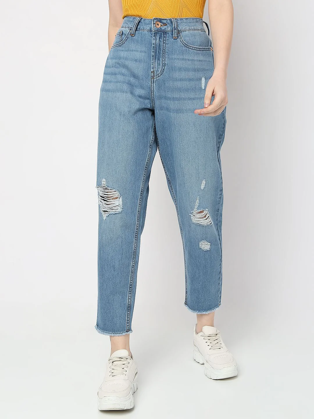 Blue High Rise Distressed Girlfriend Fit Jeans - Image 2